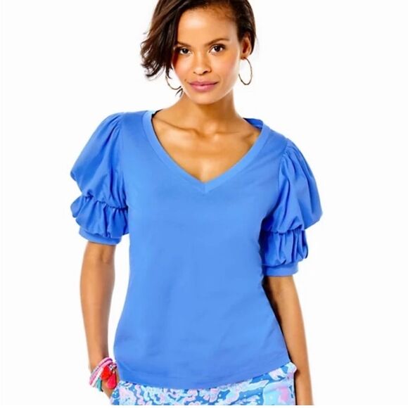 Lilly Pulitzer DiCola Top T Shirt Boca Blue Cotton XS Puff Sleeves - Picture 5 of 6